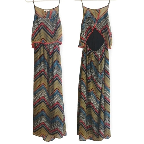 Umgee Aztec Chevron Print Semi Sheer Boho Maxi Dress with Back Cutout Small - Picture 1 of 15